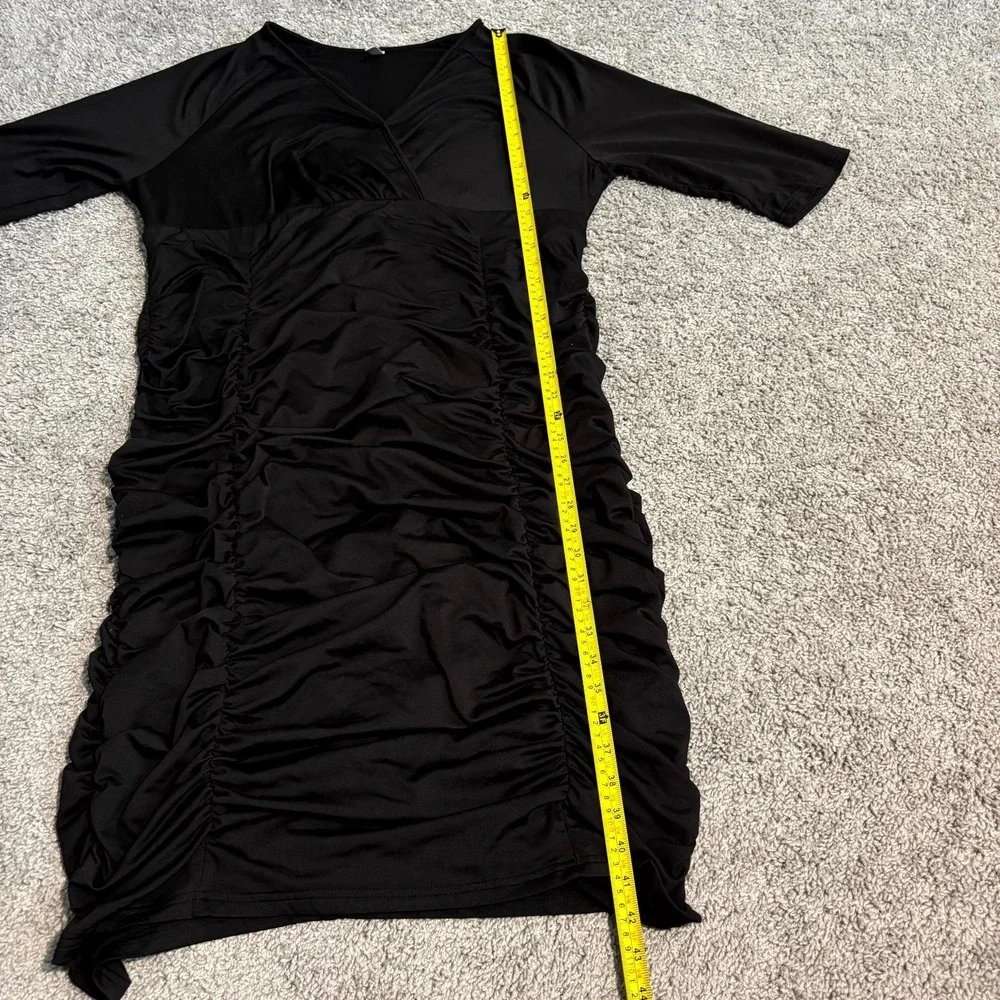 Poseshe Womens 3XL Black Ruched Bodycon Dress V Neck Stretch Midi Plus Size - Picture 6 of 9